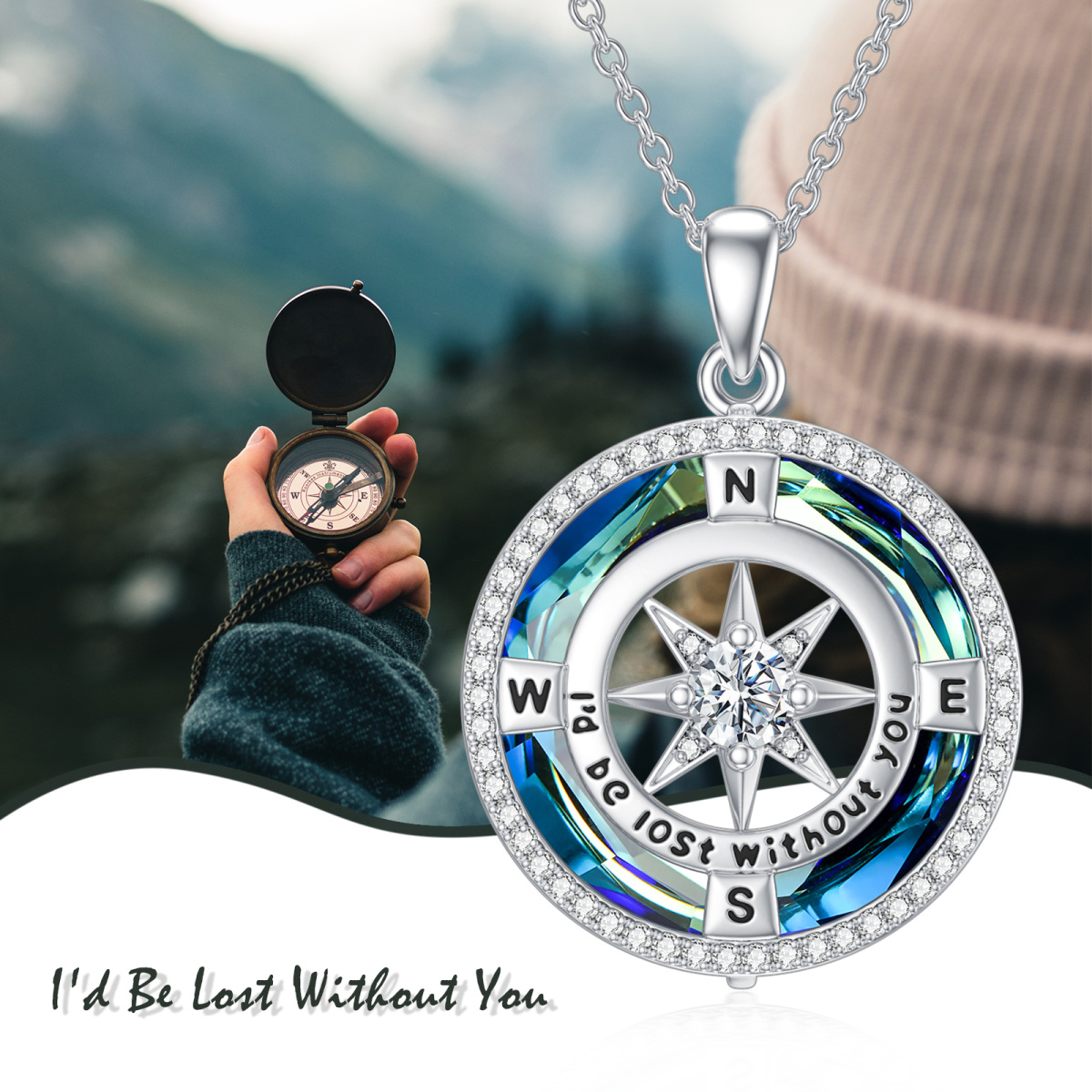 Sterling Silver Compass Crystal Pendant Necklace for Women Men-6