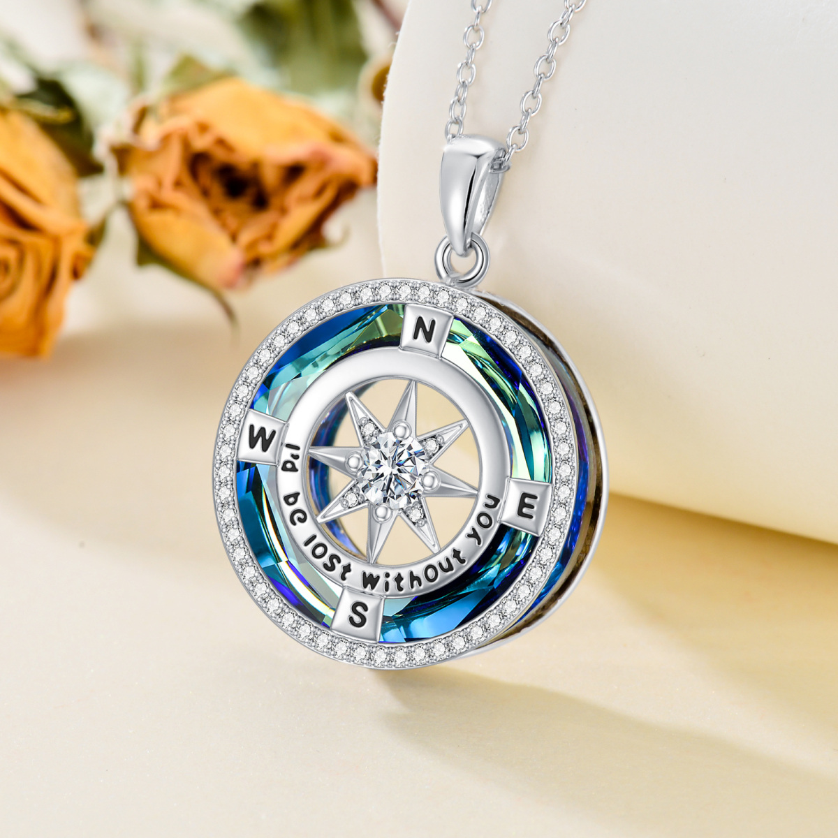 Sterling Silver Compass Crystal Pendant Necklace for Women Men-3