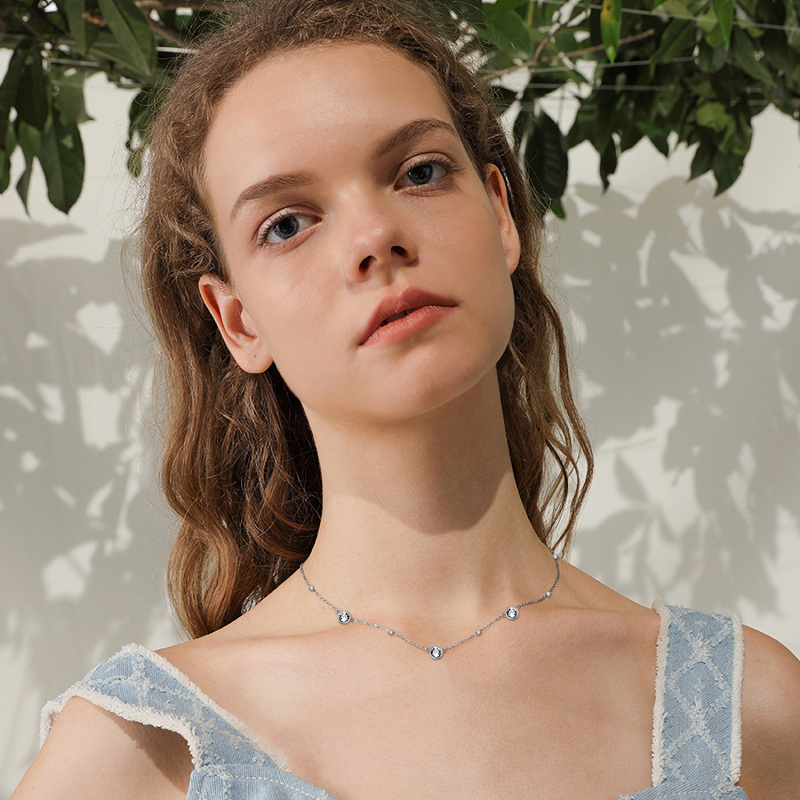 Sterling Silver Crystal Bead Station Necklace for Women-2