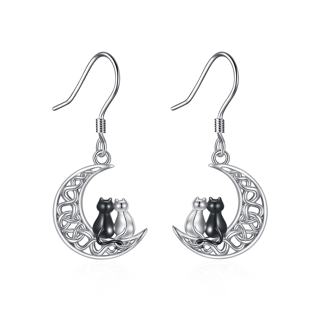 Sterling Silver Two-tone Cat & Celtic Knot & Moon Drop Earrings-1