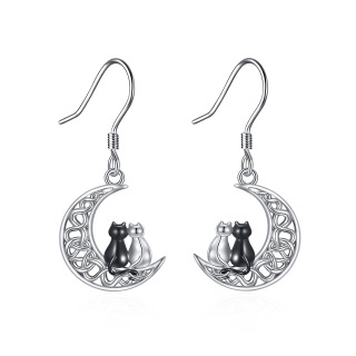 Sterling Silver Two-tone Cat & Celtic Knot & Moon Drop Earrings-44