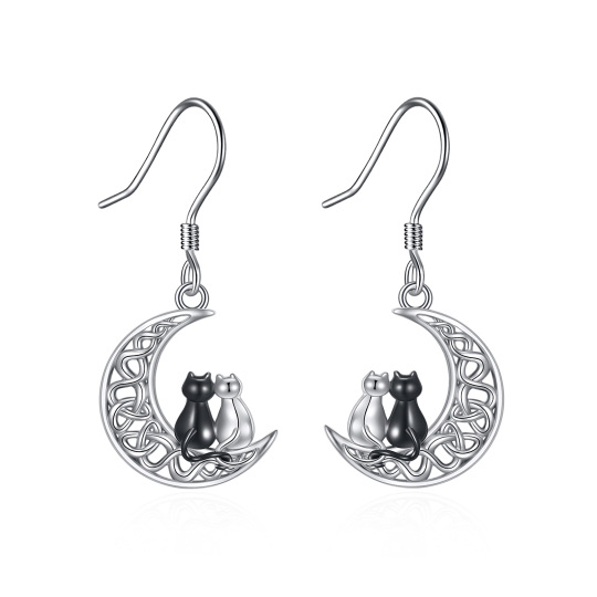 Sterling Silver Two-tone Cat & Celtic Knot & Moon Drop Earrings