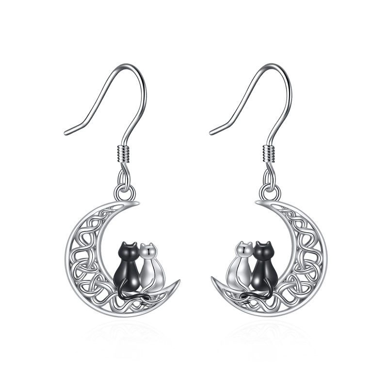 Sterling Silver Two-tone Cat & Celtic Knot & Moon Drop Earrings-9