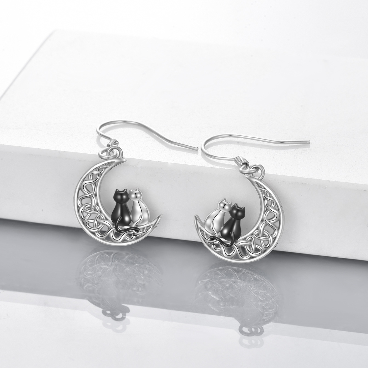 Sterling Silver Two-tone Cat & Celtic Knot & Moon Drop Earrings-3