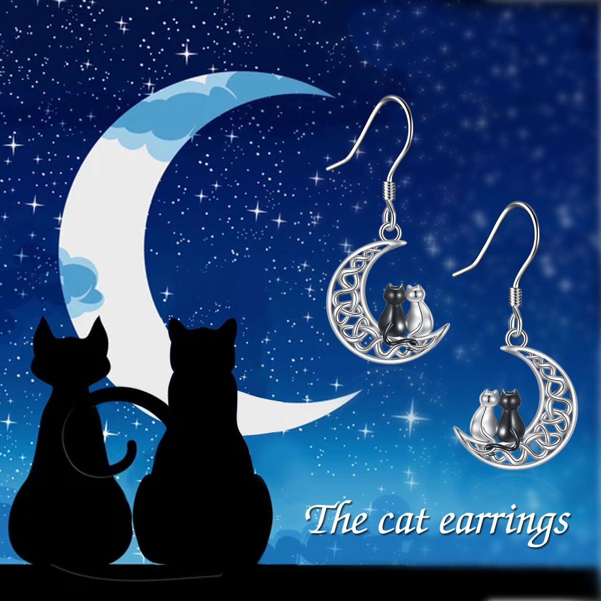 Sterling Silver Two-tone Cat & Celtic Knot & Moon Drop Earrings-6