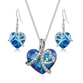 Blue Crystal Heart Pendant Necklace Earrings I Love You Forever Jewelry Set Valentine Gift-6