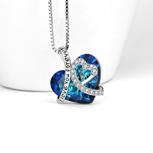 Blue Crystal Heart Pendant Necklace Earrings I Love You Forever Jewelry Set Valentine Gift-3