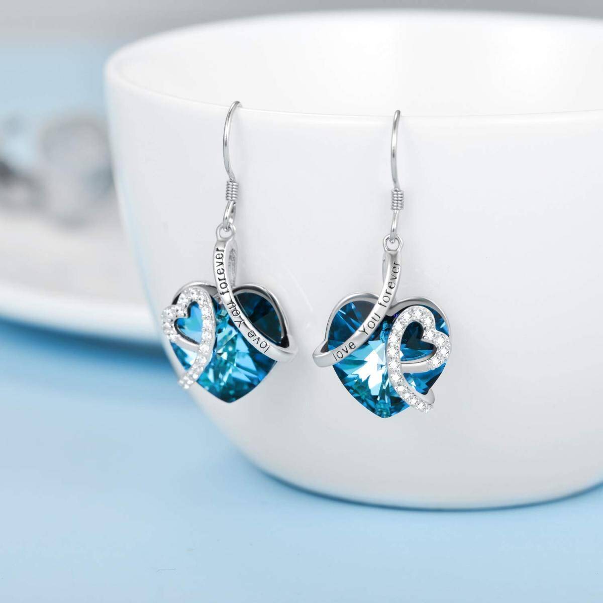 Blue Crystal Heart Pendant Necklace Earrings I Love You Forever Jewelry Set Valentine Gift-4