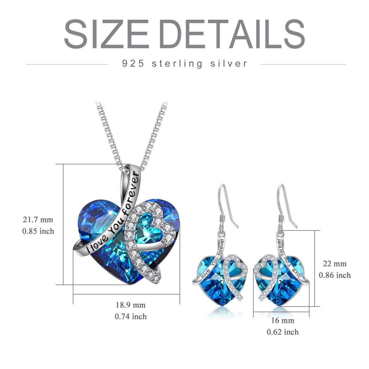 Blue Crystal Heart Pendant Necklace Earrings I Love You Forever Jewelry Set Valentine Gift-5