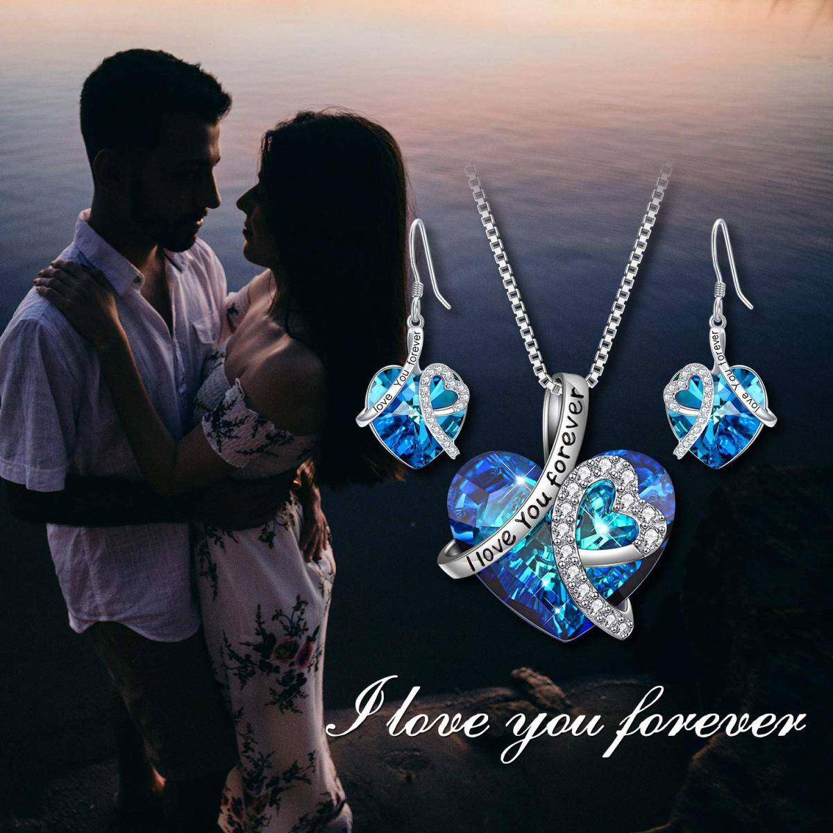 Blauer Kristall Herz Anhänger Halskette Ohrringe "Ich liebe dich für immer" Schmuck-Set Valentinstag Geschenk-6