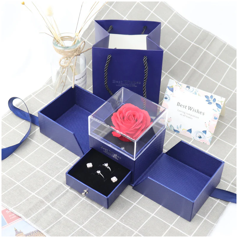 Blue Preserved Rose Jewelry Box for Necklaces Rings Gift for Your Lovely-1