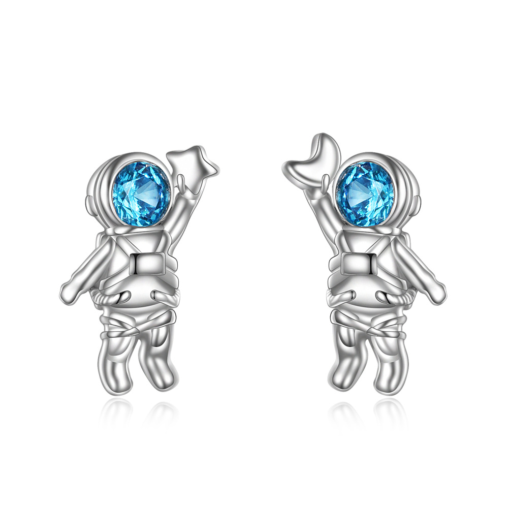 Pendientes de astronauta con circonita cúbica en forma circular en plata de ley-1