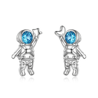 Sterling Silver Circular Shaped Cubic Zirconia Astronaut Stud Earrings-5