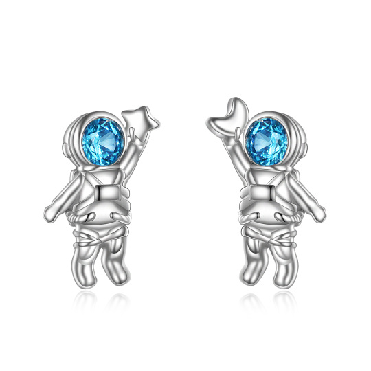 Sterling Silver Circular Shaped Cubic Zirconia Astronaut Stud Earrings