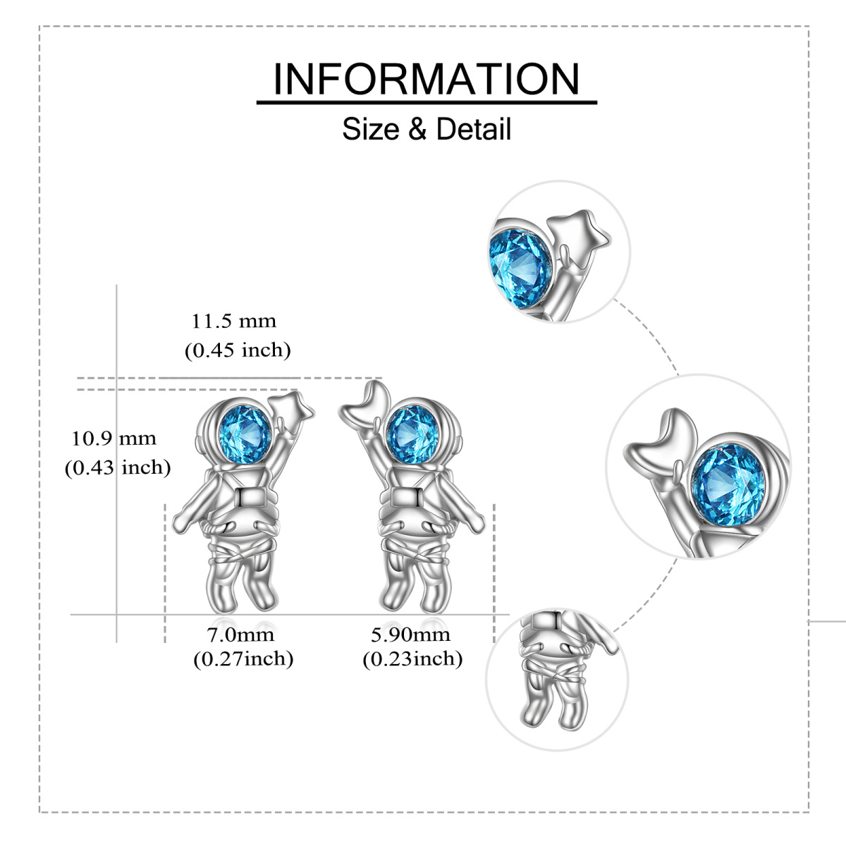 Brincos de pino de astronauta de zircônia cúbica em formato circular de prata esterlina-5