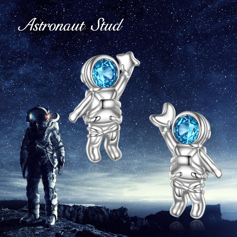 Pendientes de astronauta con circonita cúbica en forma circular en plata de ley-6