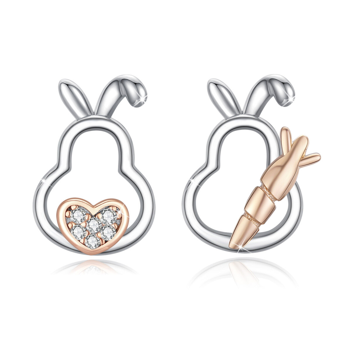 Sterling Silver Two-tone Cubic Zirconia Rabbit & Heart Stud Earrings-1