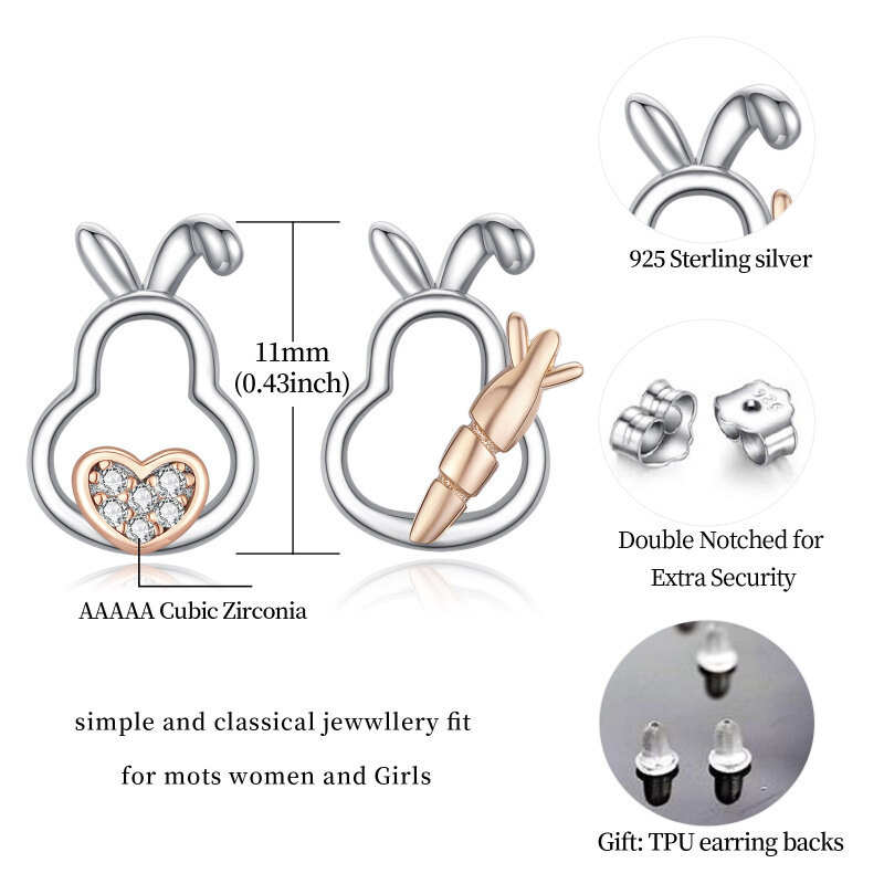 Pendientes de botón con forma de corazón de conejo y circonita cúbica de dos tonos en plata de ley-4