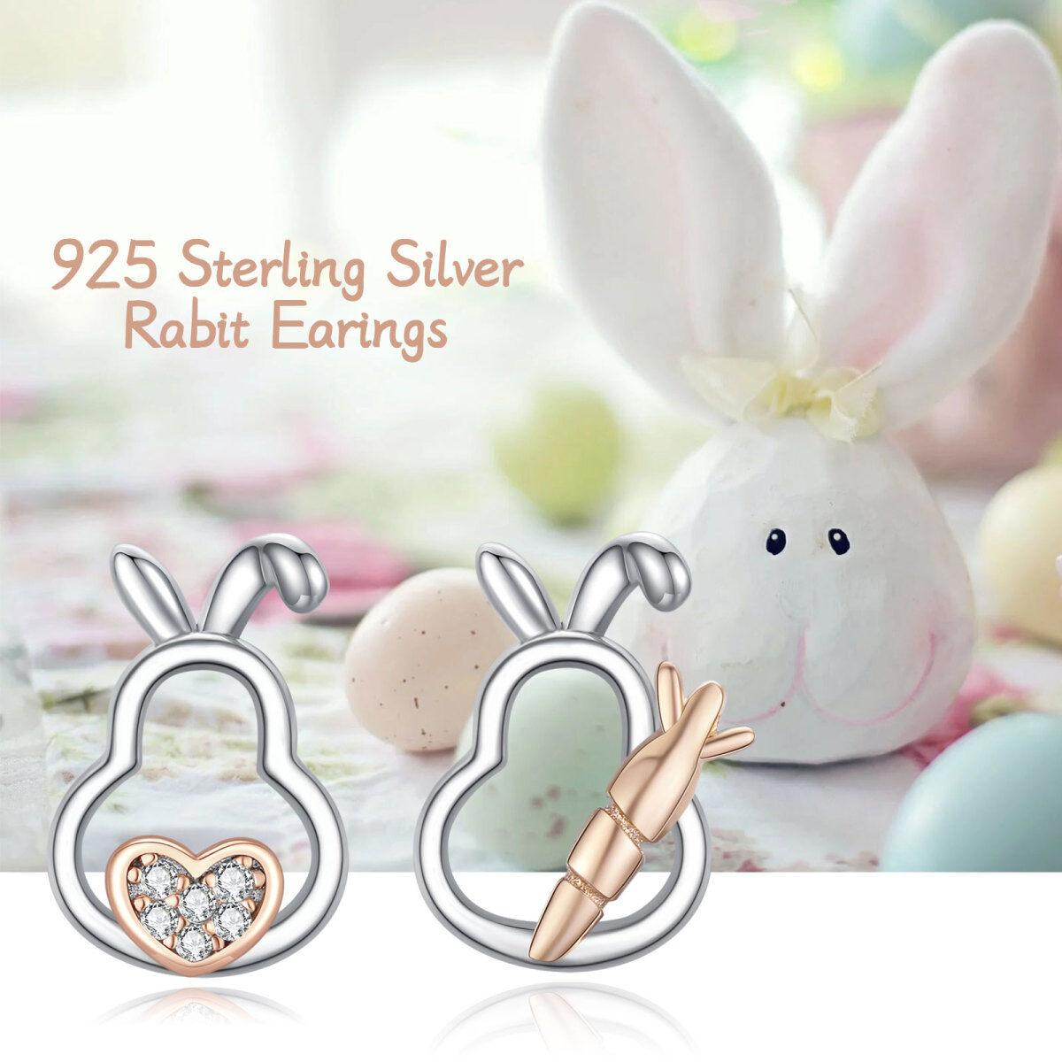 Sterling Silver Two-tone Cubic Zirconia Rabbit & Heart Stud Earrings-5