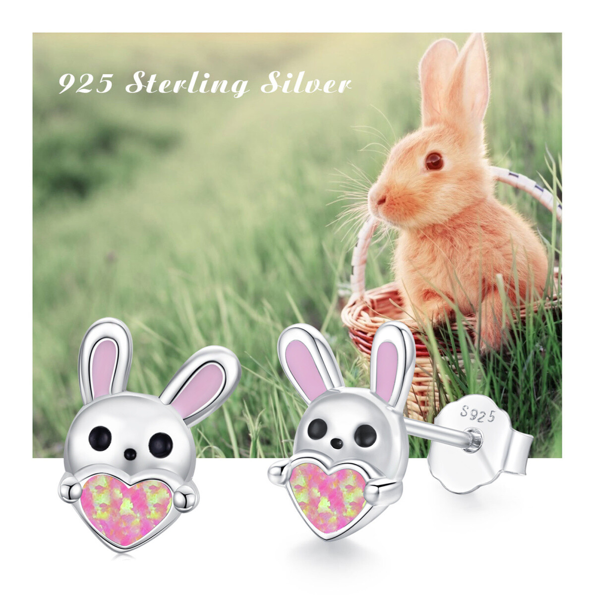 Sterling Silver Opal Rabbit Stud Earrings-7