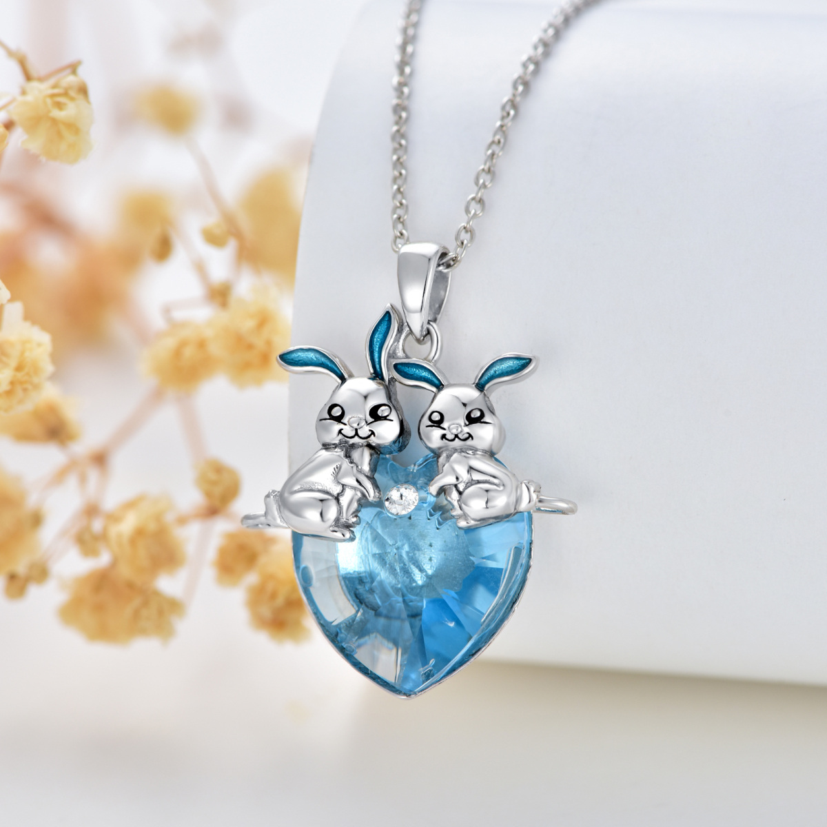 Sterling Silver Heart Rabbit Crystal Pendant Necklace-6