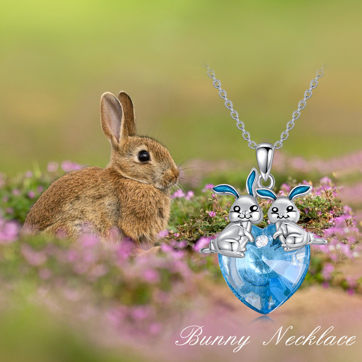 Sterling Silver Heart Rabbit Crystal Pendant Necklace-7