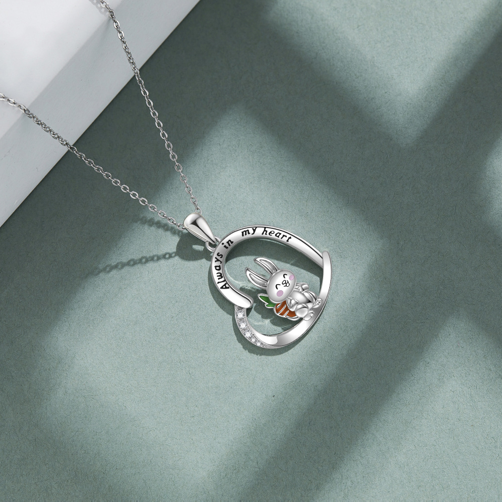 Sterling Silver Cubic Zirconia Rabbit Heart Engraved Necklace for Women-4