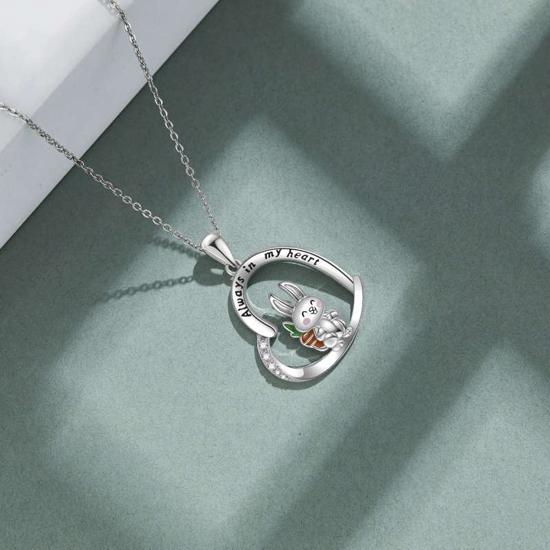 Sterling Zilveren Cubic Zirconia Konijn Hart Gegraveerde Ketting voor Vrouwen-4
