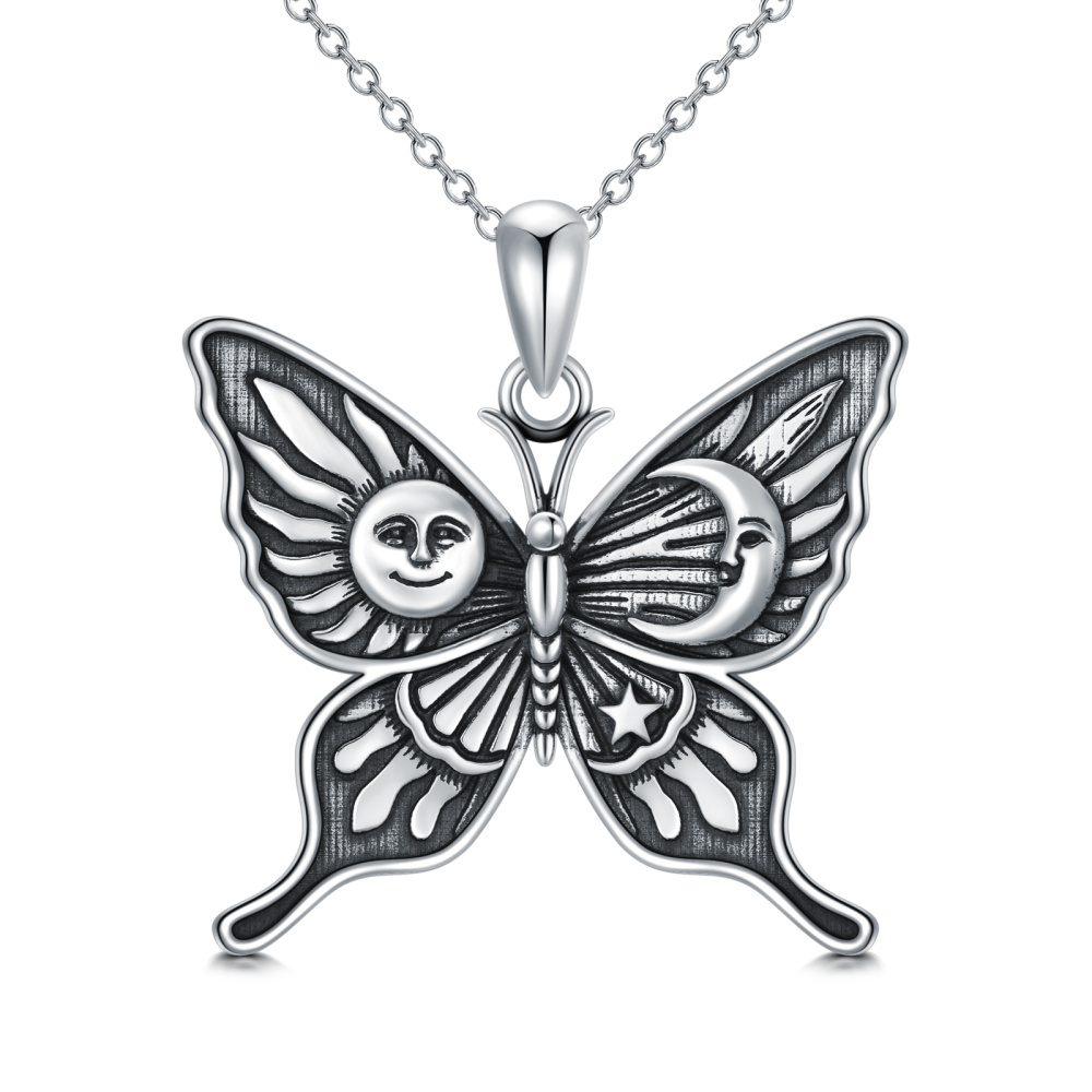Colar de borboleta 925 Prata Esterlina Sol Lua e Estrela Borboleta Celestial Jóias Presentes-1