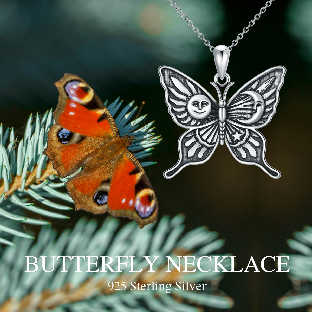 Butterfly Necklace 925 Sterling Silver Sun Moon and Star Celestial Butterfly Jewelry Gifts-3