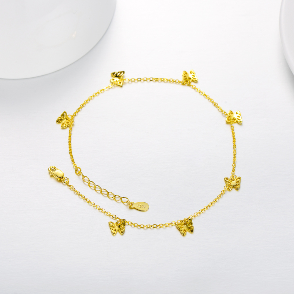 Butterfly Sterling Silver Yellow Gold Plated Single Layered Charm Anklet for Women-3