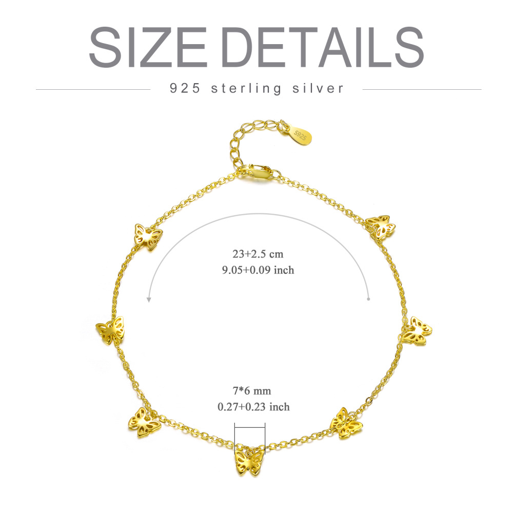 Butterfly Sterling Silver Yellow Gold Plated Single Layered Charm Anklet for Women-7
