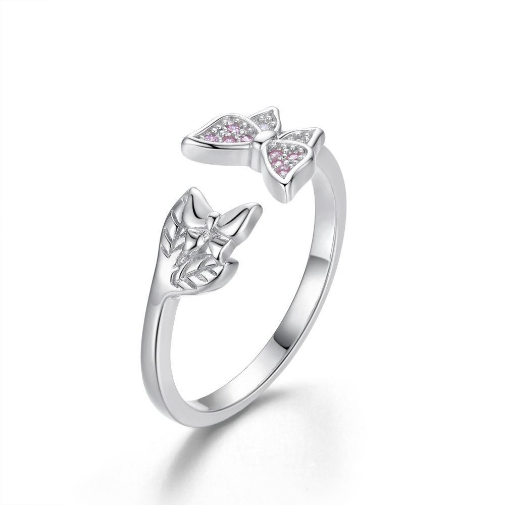 Sterling Silver Cubic Zirconia Butterfly & Leaves Open Ring-1