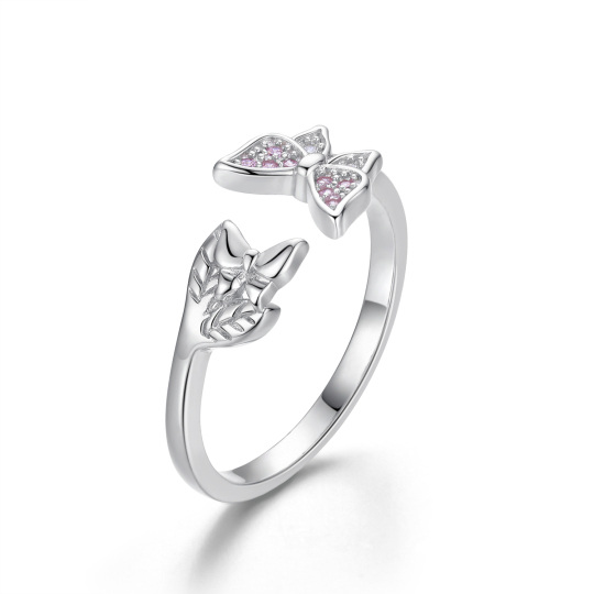 Sterling Silver Cubic Zirconia Butterfly & Leaves Open Ring