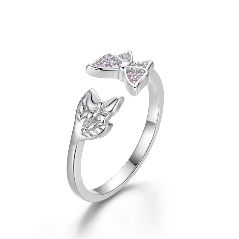 Sterling Silver Cubic Zirconia Butterfly & Leaves Open Ring-10