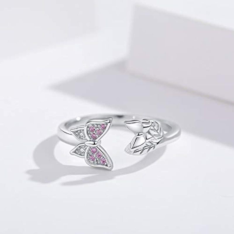 Sterling Silver Cubic Zirconia Butterfly & Leaves Open Ring-4
