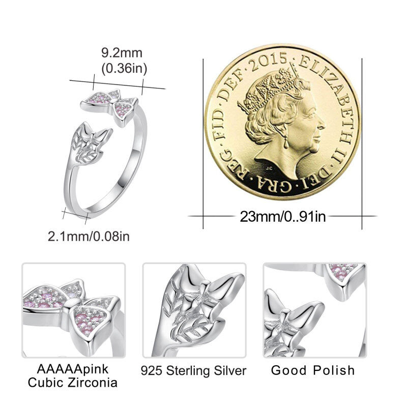 Sterling Silver Cubic Zirconia Butterfly & Leaves Open Ring-5