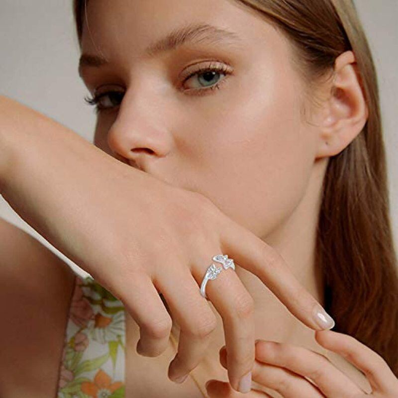 Sterling Silver Cubic Zirconia Butterfly & Leaves Open Ring-3