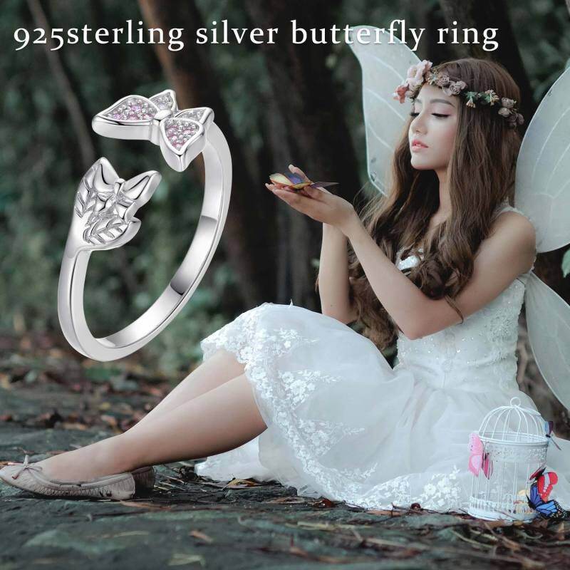 Sterling Silver Cubic Zirconia Butterfly & Leaves Open Ring-6