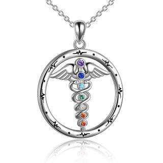 Sterling Silver Cubic Zirconia Snake Angel Wing Chakras Necklace for Women-50