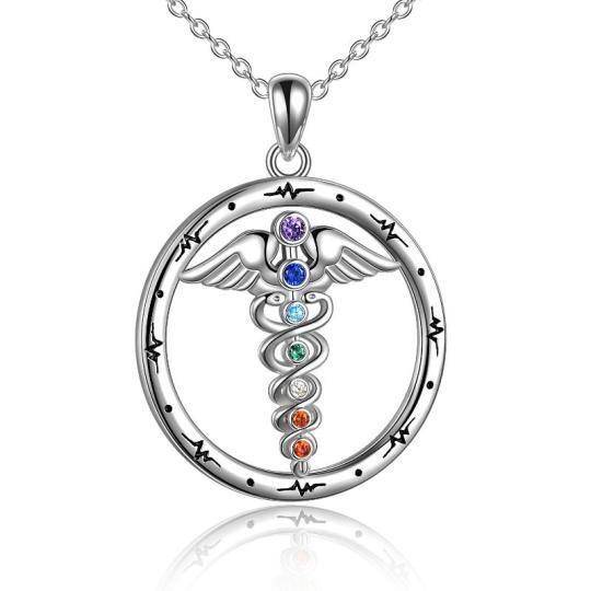 Sterling Silver Cubic Zirconia Snake Angel Wing Chakras Necklace for Women