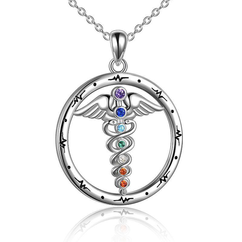 Sterling Silver Cubic Zirconia Snake Angel Wing Chakras Necklace for Women-6