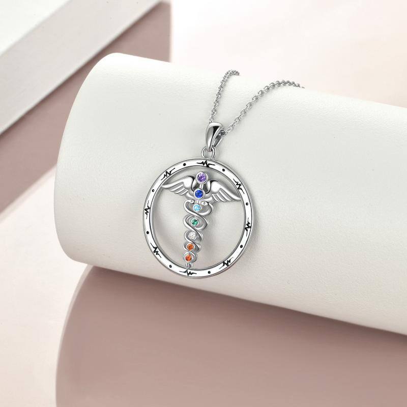 Sterling Silver Cubic Zirconia Snake Angel Wing Chakras Necklace for Women-3