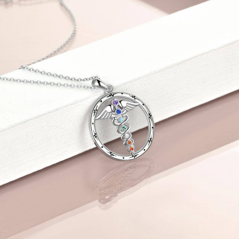 Sterling Silver Cubic Zirconia Snake Angel Wing Chakras Necklace for Women-4