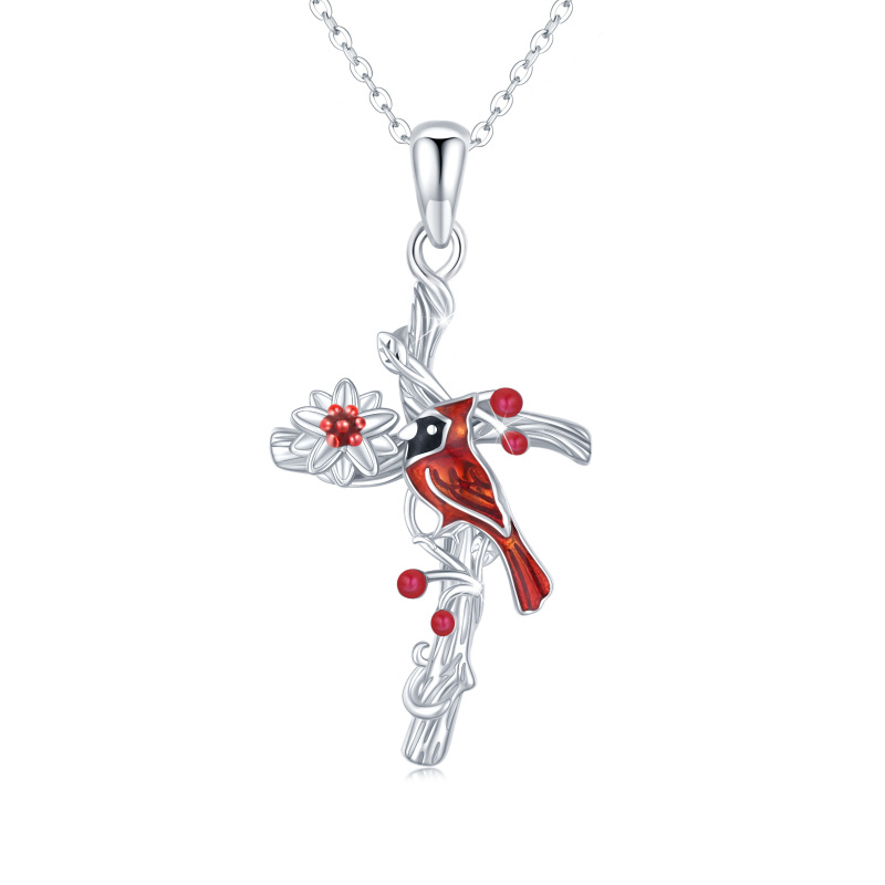 Sterling Silver Cardinal & Wildflowers Cross Pendant Necklace for Women-10