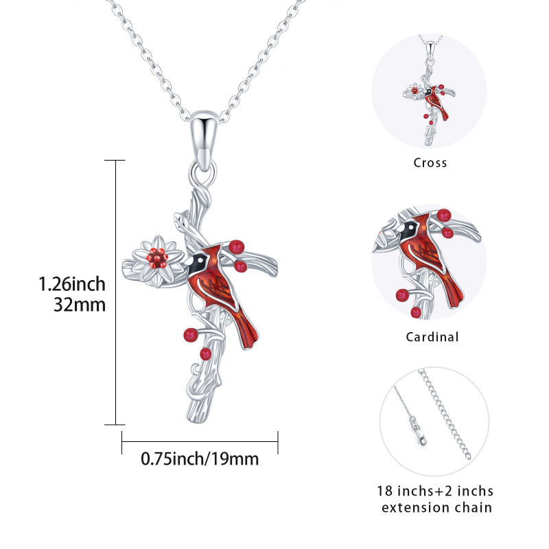 Sterling Silver Cardinal & Wildflowers Cross Pendant Necklace for Women-5
