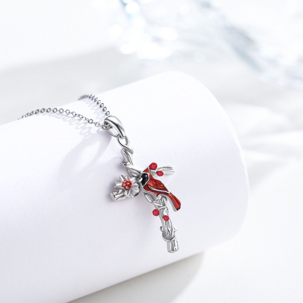 Sterling Silver Cardinal & Wildflowers Cross Pendant Necklace for Women-4