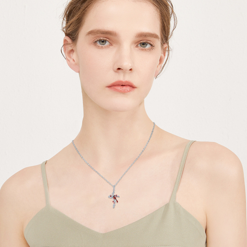 Sterling Silver Cardinal & Wildflowers Cross Pendant Necklace for Women-2