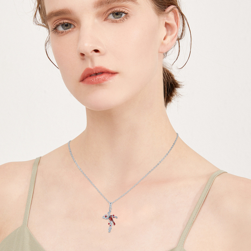 Sterling Silver Cardinal & Wildflowers Cross Pendant Necklace for Women-3