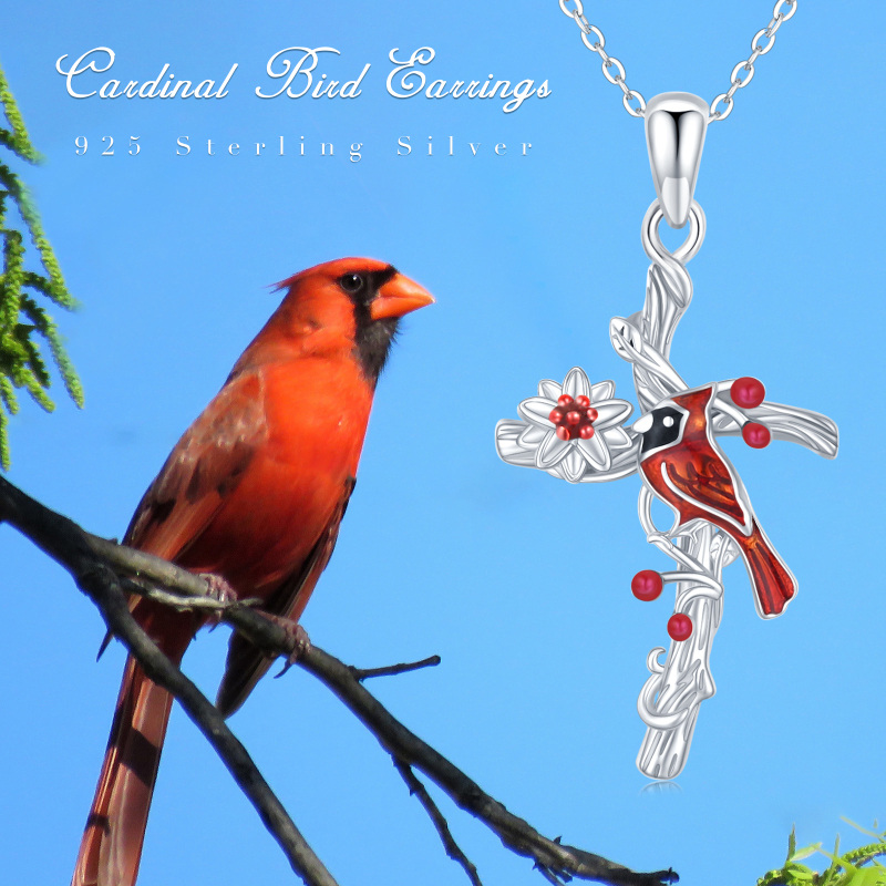 Sterling Silver Cardinal & Wildflowers Cross Pendant Necklace for Women-6